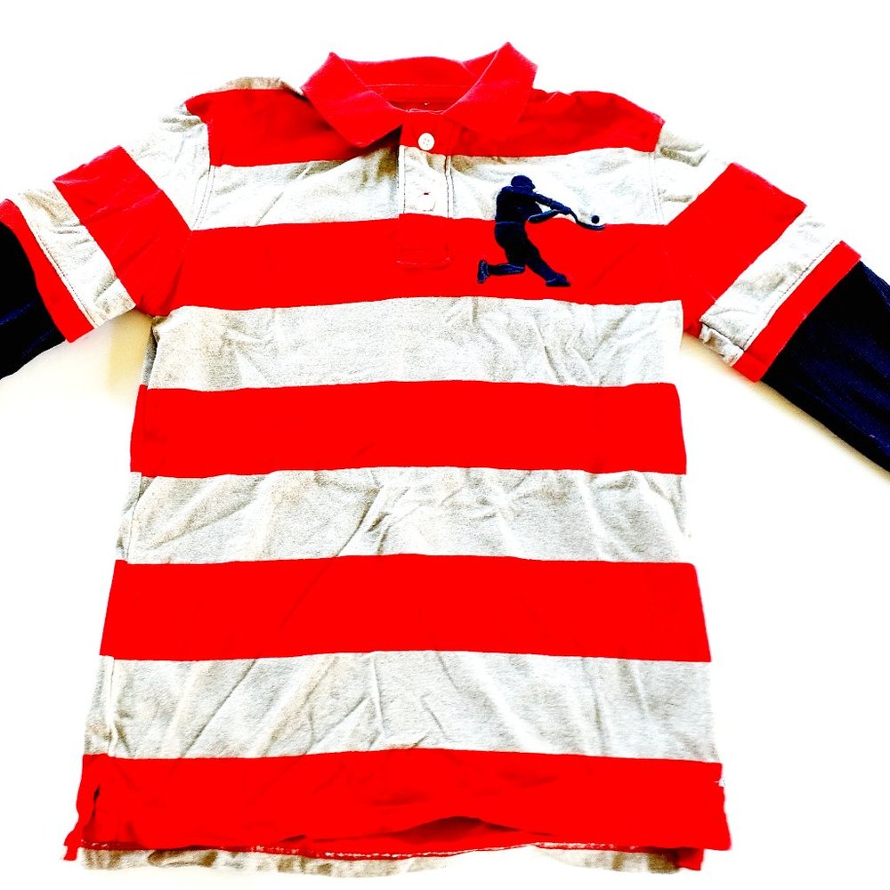 Gap Boys Shirt Polo Red Gray Stripe Long Sleeve Rugby Size Large 10